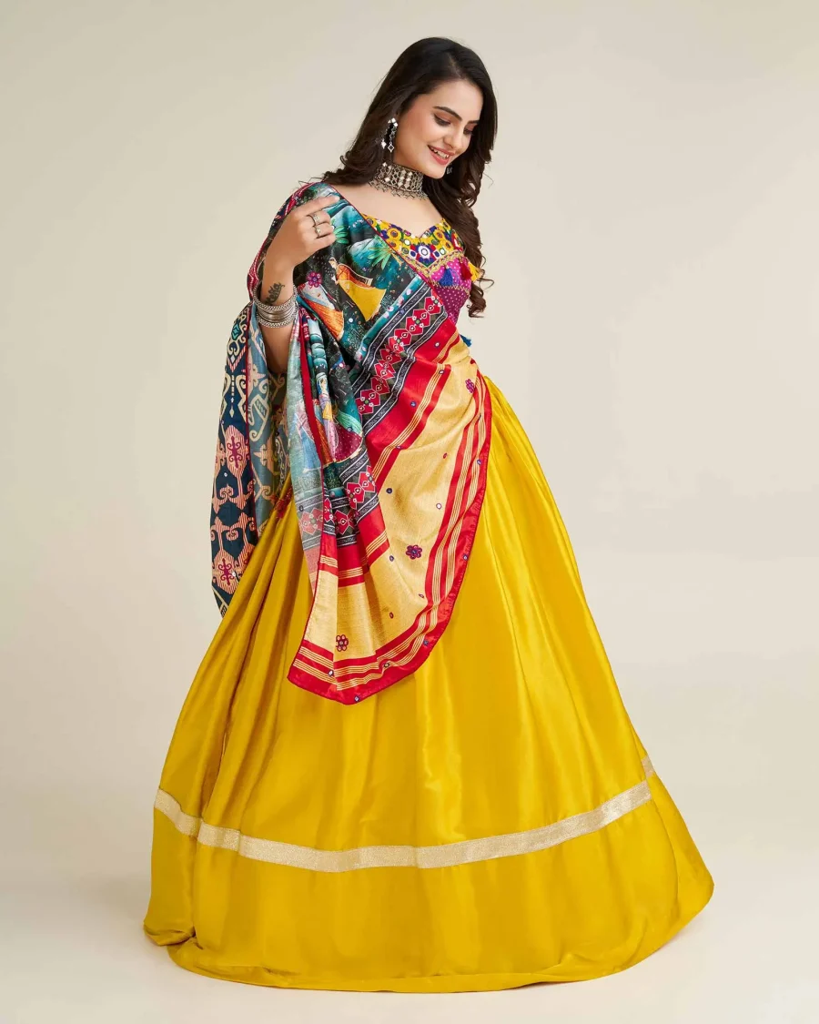 Mustered Yellow Digital print with Gamthi Work & sequins work Navratri Lehenga Choli