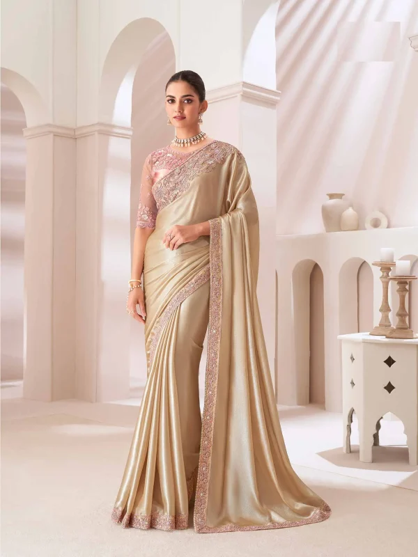 Party Wear sartin Gold Embroidered Silk saree