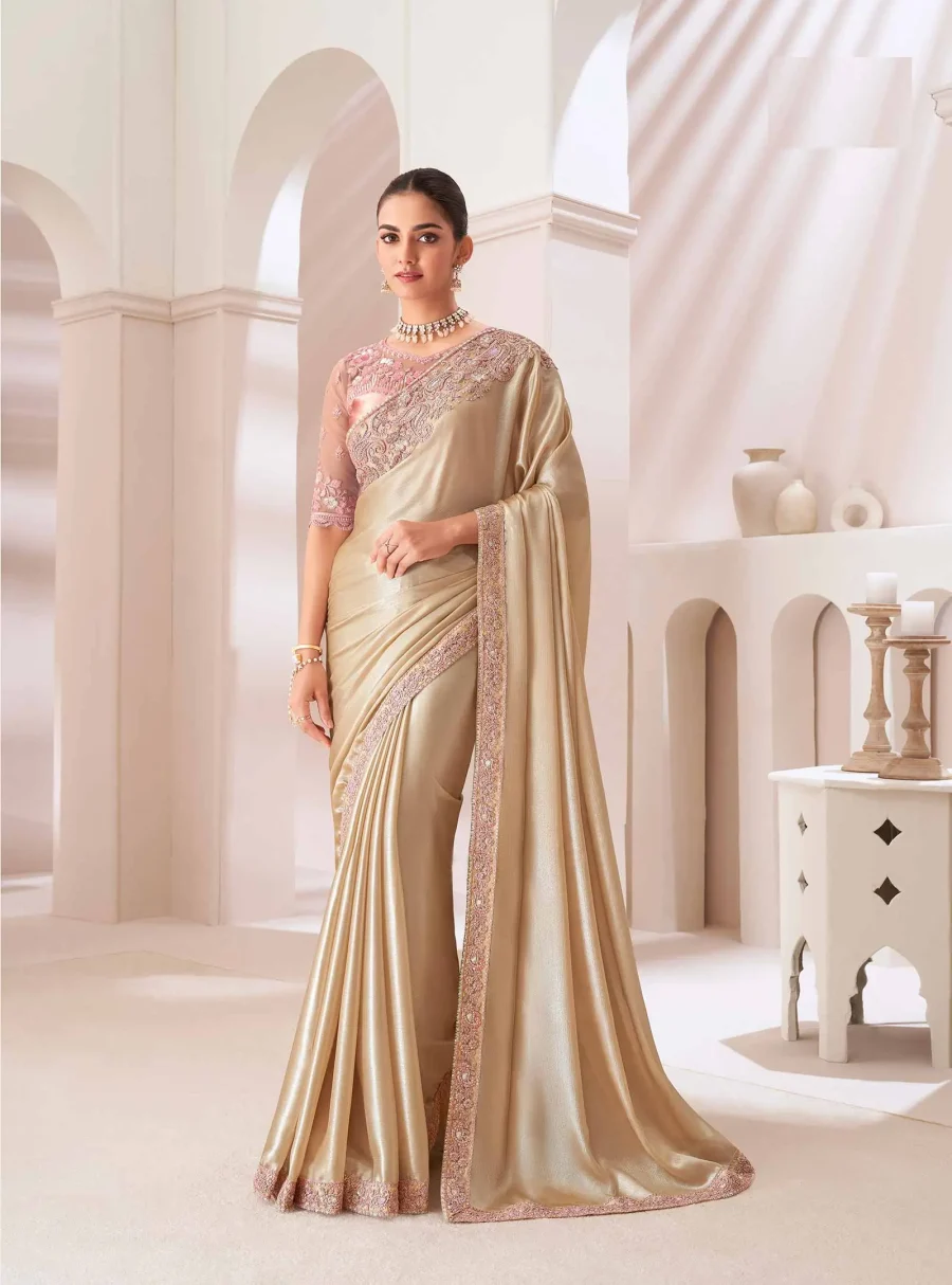 Dust Gold Sartin Chiffon Silk Party Wear Saree