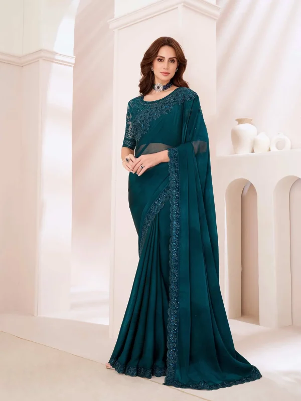 Dark green color party wear Embodied Saree