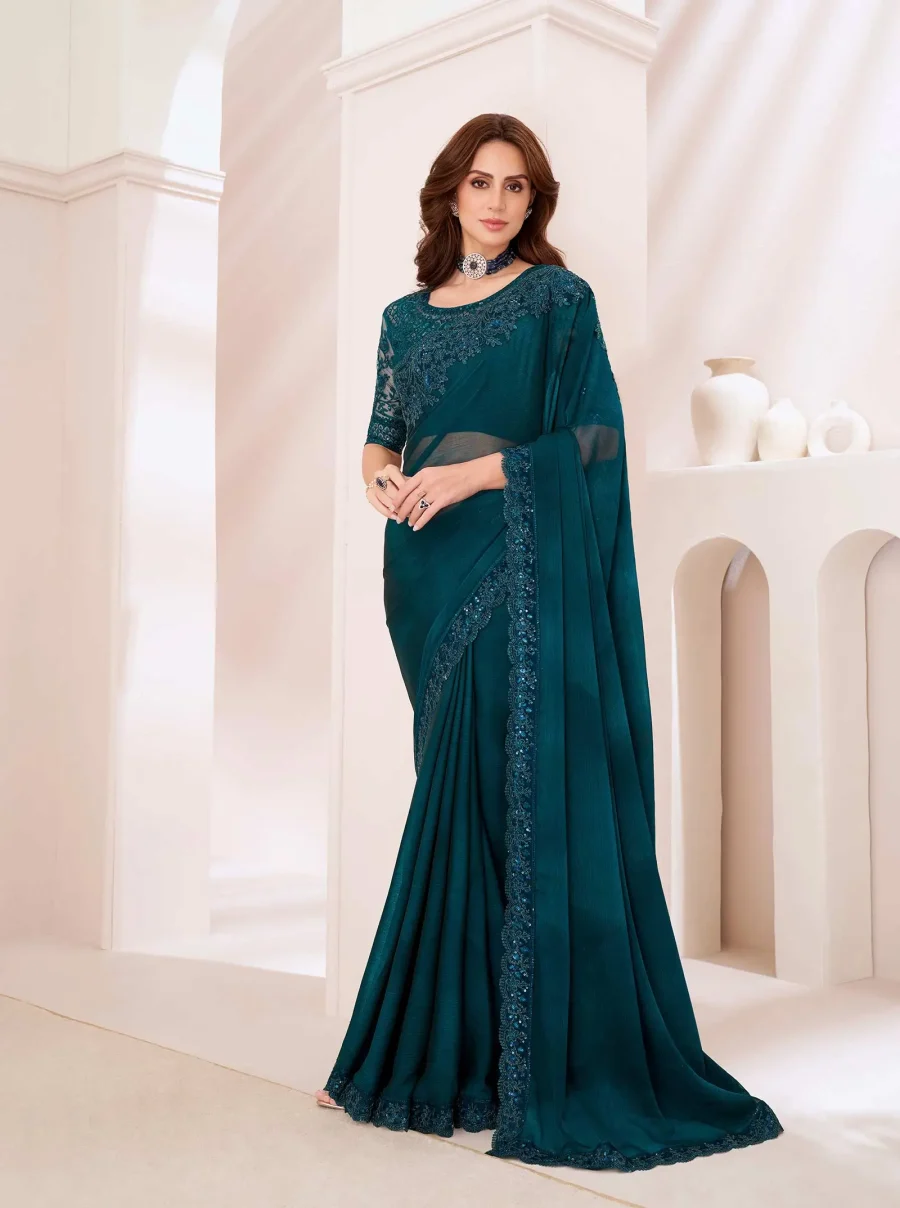 Rich Green Majestic Shaded Silver Chiffon with Thread and Sequence Embroidery Work Saree