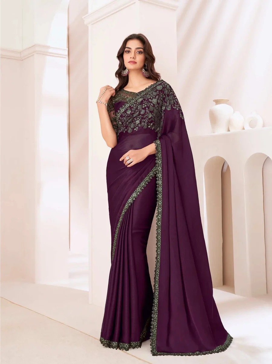 Wine Berry Party wear Embroidered Sartin Silk Saree