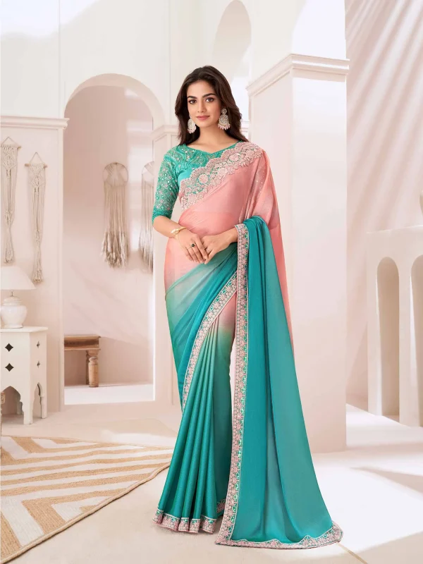 peach and teal blue designer silk saree