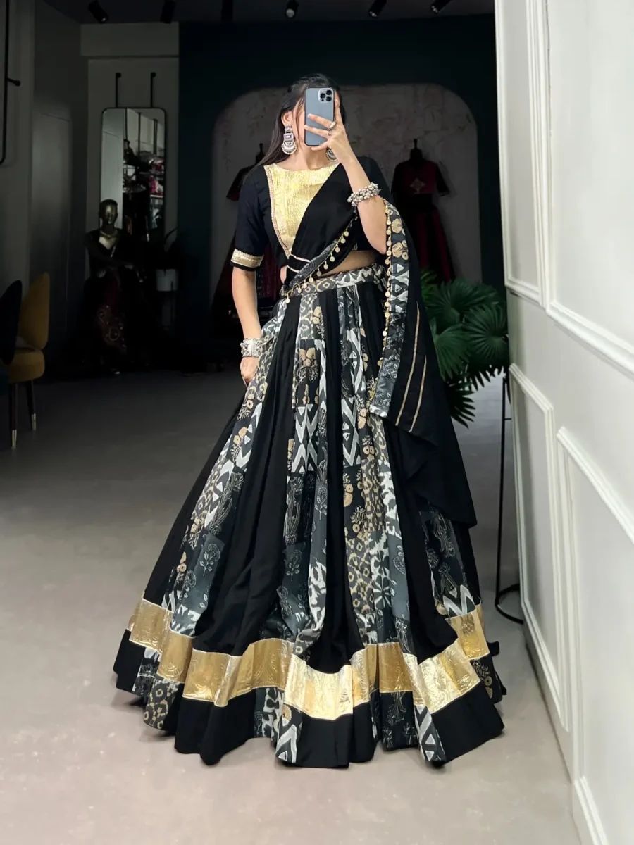 Black Pearl color Lehenga choli with Printed & Embossed Design Gota Lace