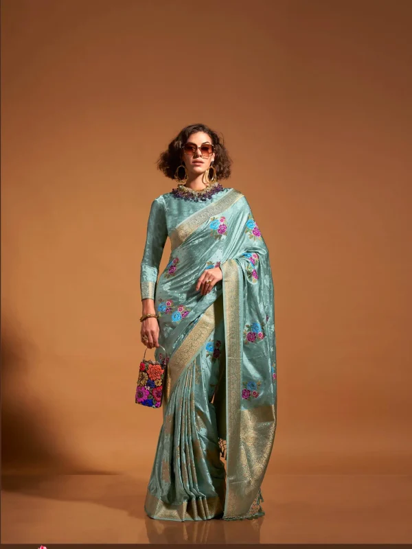 Sky Blue color multi flower waving Satin Silk saree