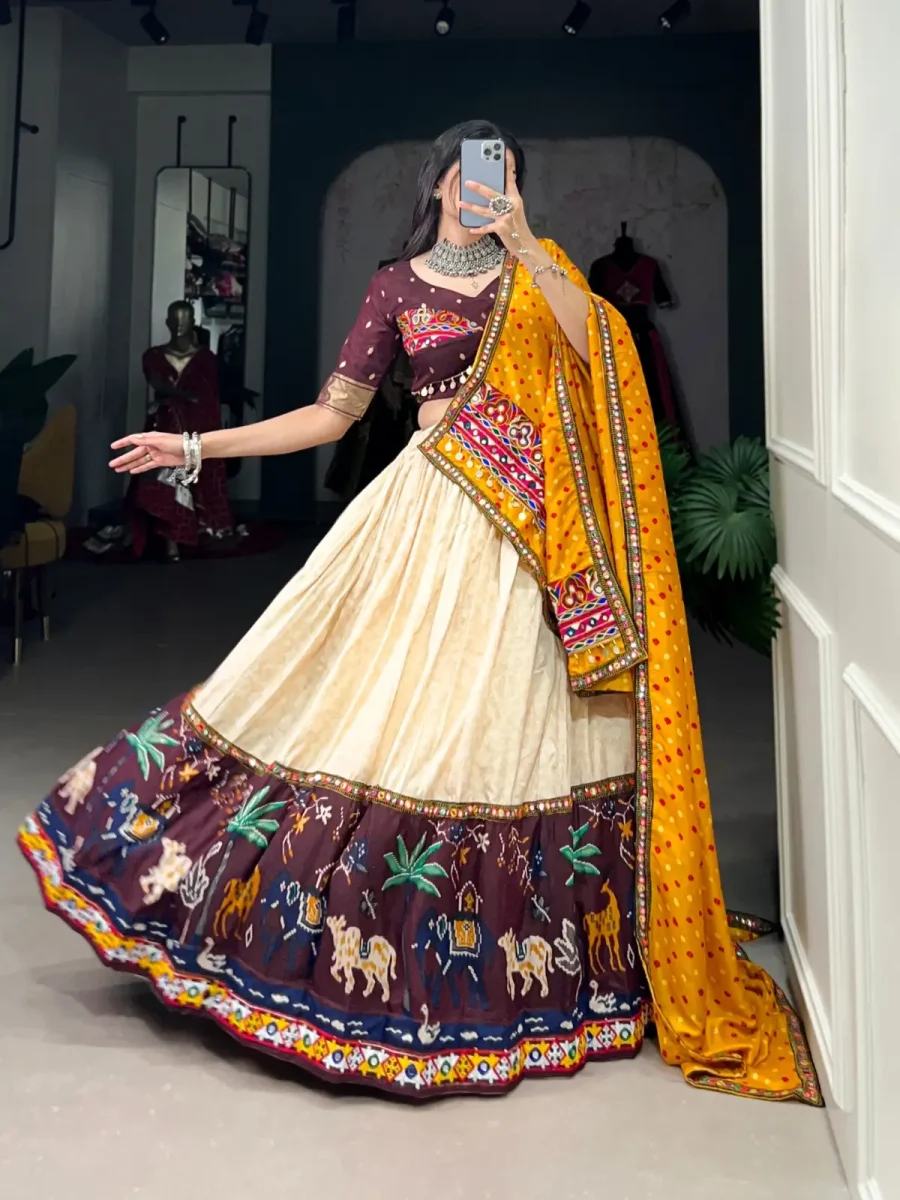 Wine Berry color Dola Silk Lehenga choli With Printed & Gamthi work Lace Border Bandhej Print Dupatta