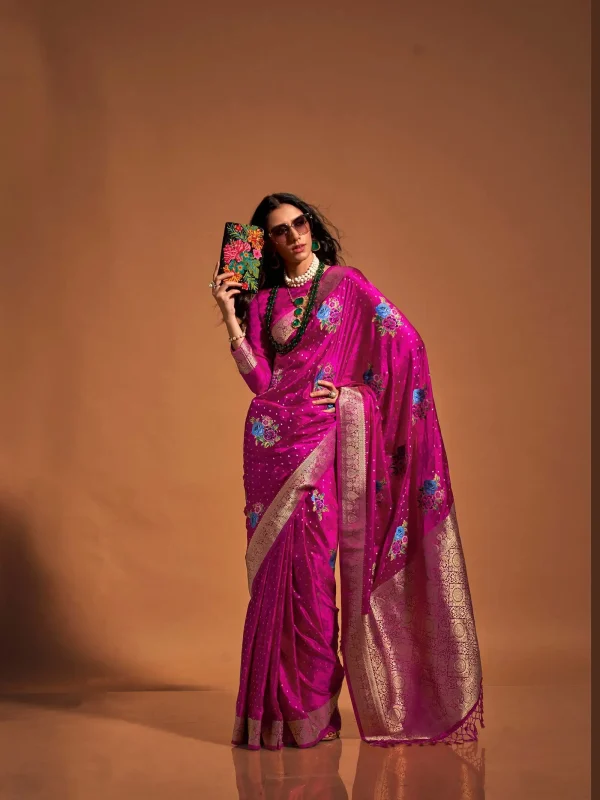 Dark pink color designer saree with flower weaving