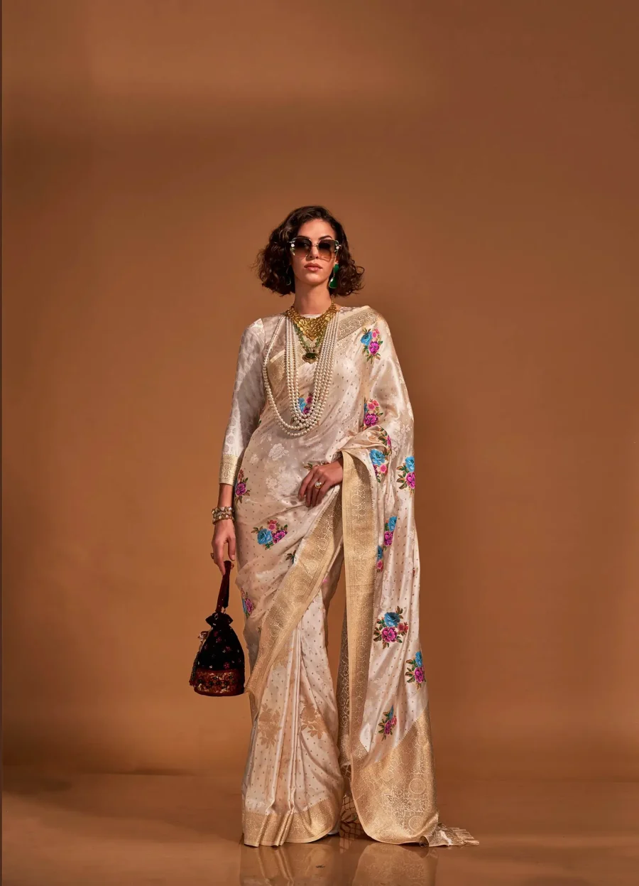 Candy White Flower Handloom Weaving Printed satin saree