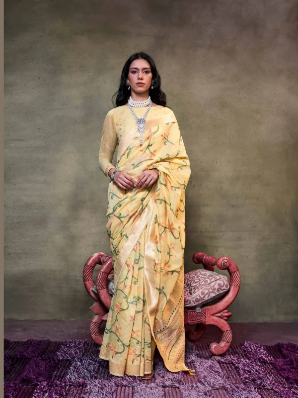 Yellow color function wear printed saree