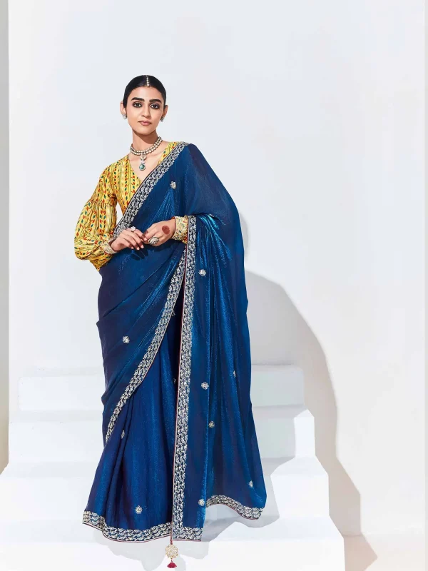 Blue color embroidered party wear saree