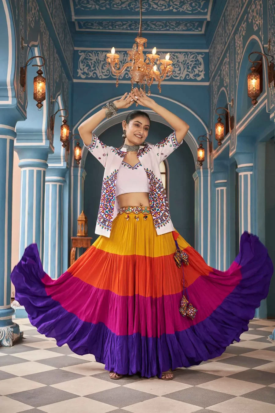 Multi color Embroidered & Mirror Work Lehenga choli with Jacket