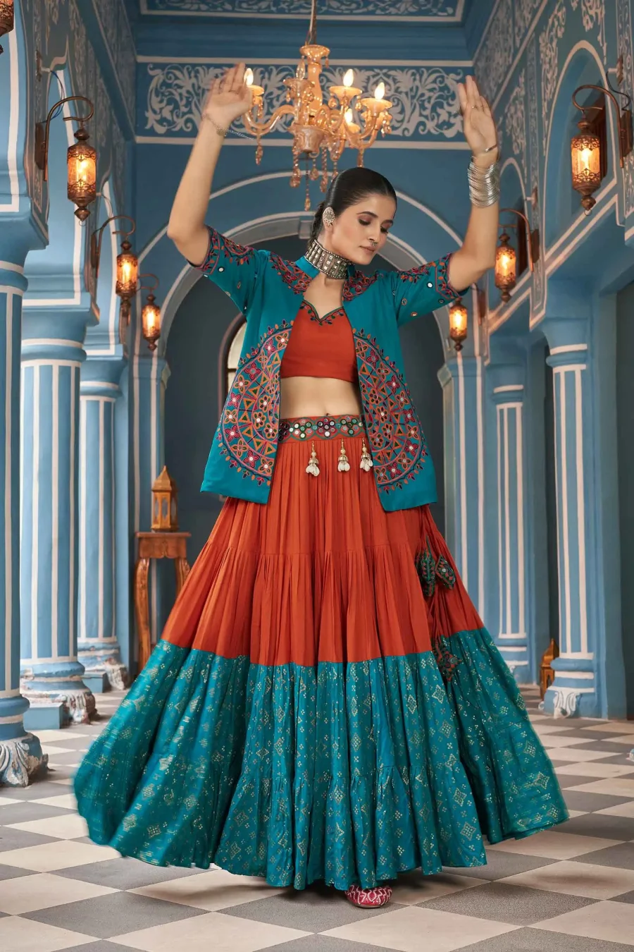 Multi color Embroidered & Mirror Work Lehenga choli with Jacket Navratri Special