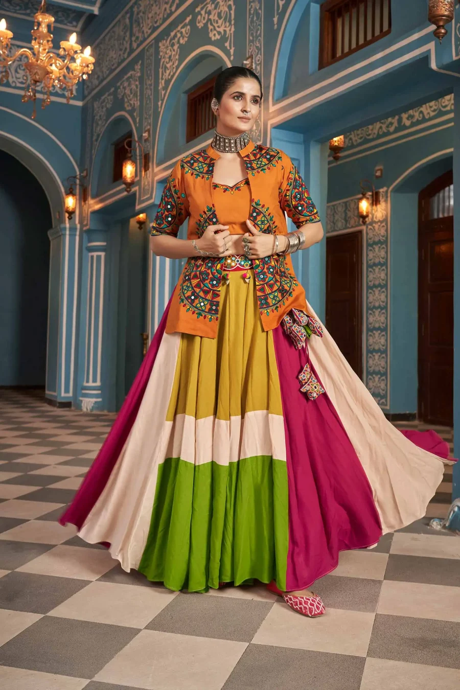 Multi color Embroidered and Mirror Work Lehenga choli with Jacket for Navratri Garba