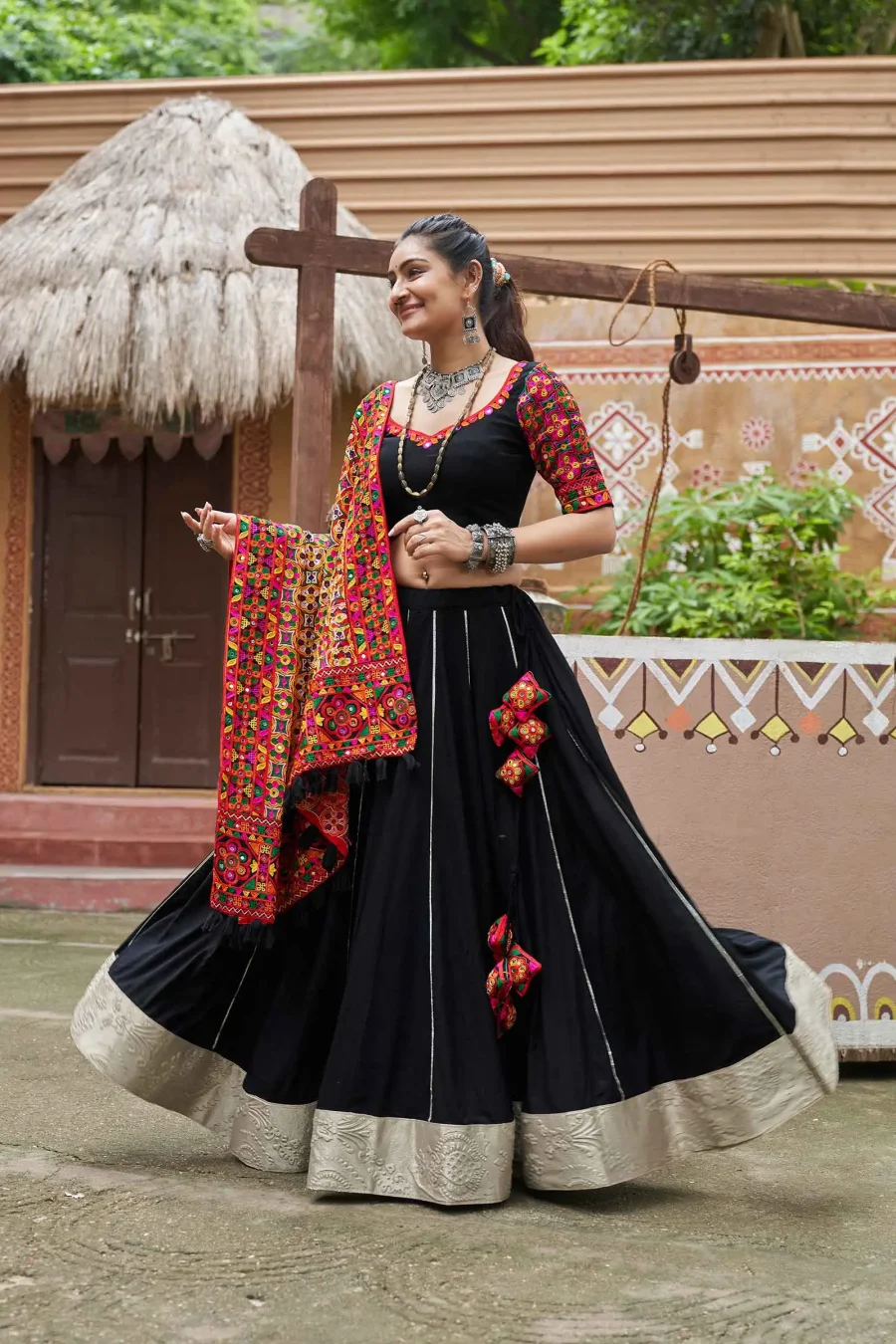 Rich Black Color Navratri Choli with Embroidery & Mirror Work