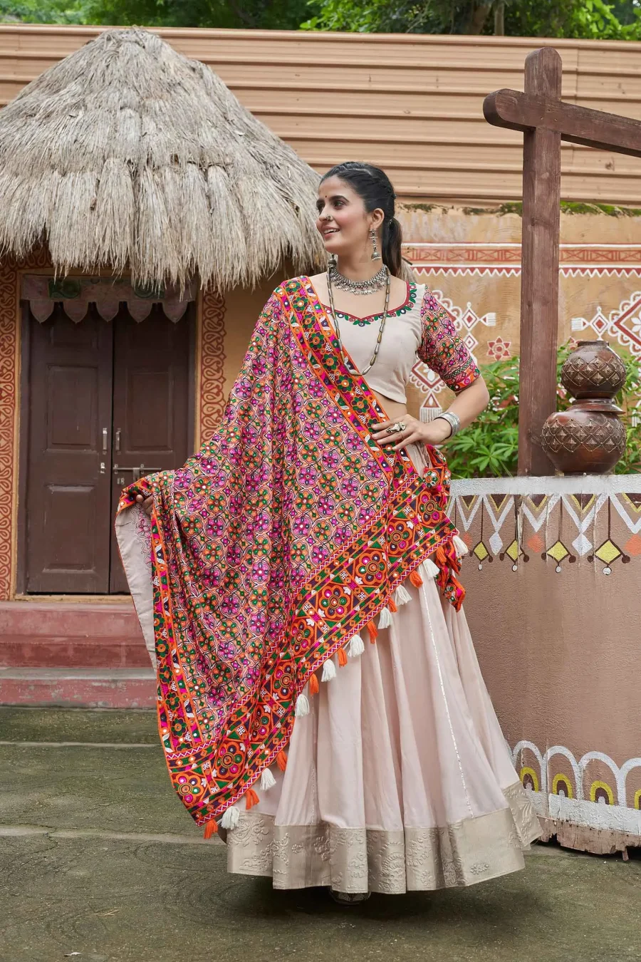 Natural Beige Color Navratri Lehenga Choli with Embroidery & Mirror Work