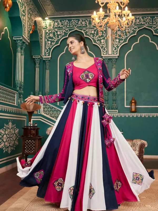 Multi color Navratri lehenga choli with embroidered jacket