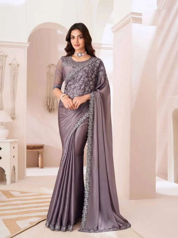 Sparkle Grey color Sartin Silk Party Wear, Function Wear embordered saree