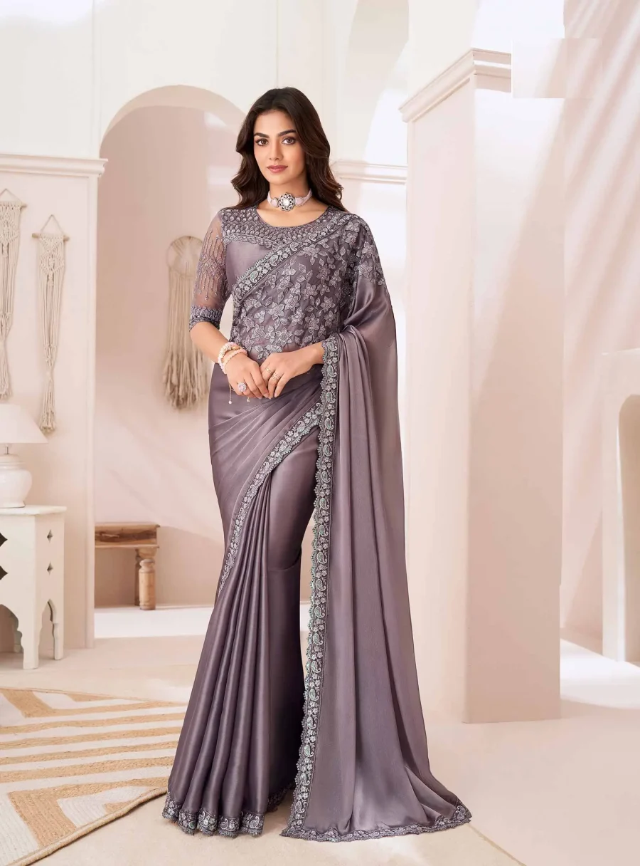 Cloudy Grey color Sartin Silk Function Wear Embroidered Saree