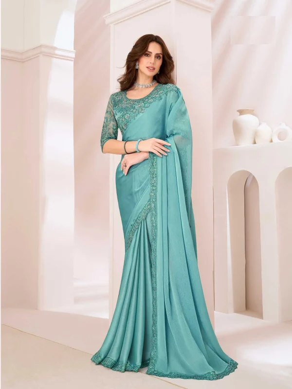 Light grey Blue color Party Wear embroidered saree