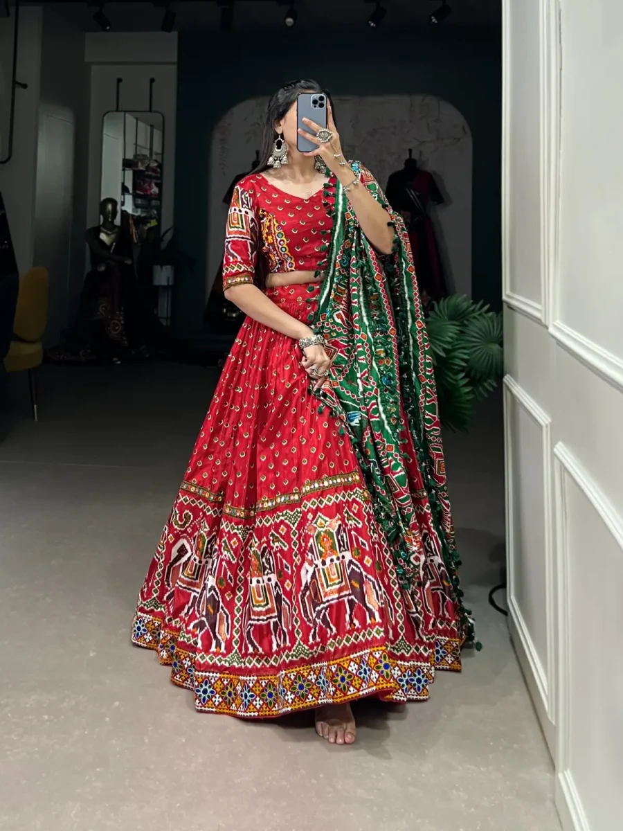 Milano Red Dola Silk Lehenga choli with Patola Printed Gamthi & Mirror Lace work For Navratri