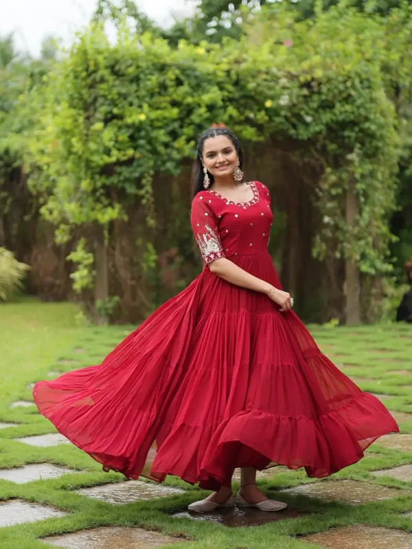 Red color function wear sequence gown