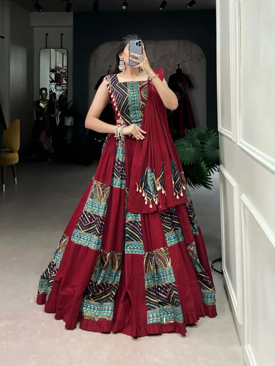 Marron Color Printed & Foil work Navratri Lehenga choli