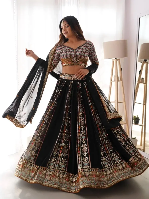 Black lehenga choli with embroidery thread work sangeet wear