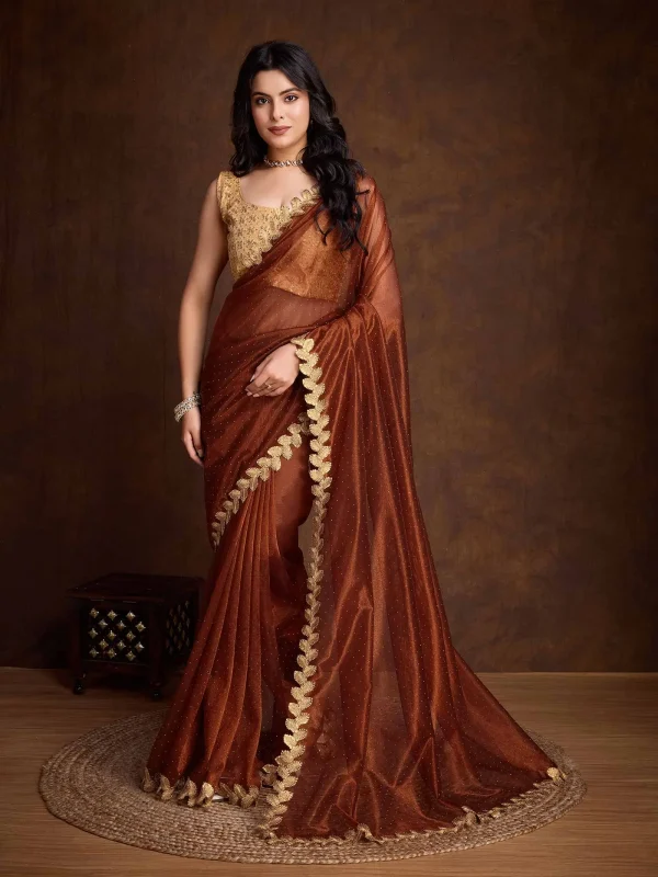 cherry wood color designer sequence saree