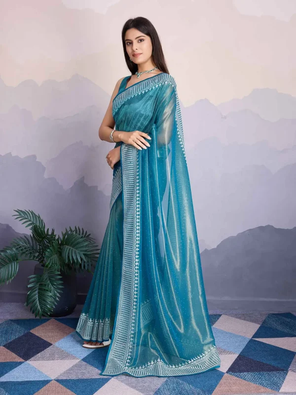 Sky blue color thread sequence designer saree