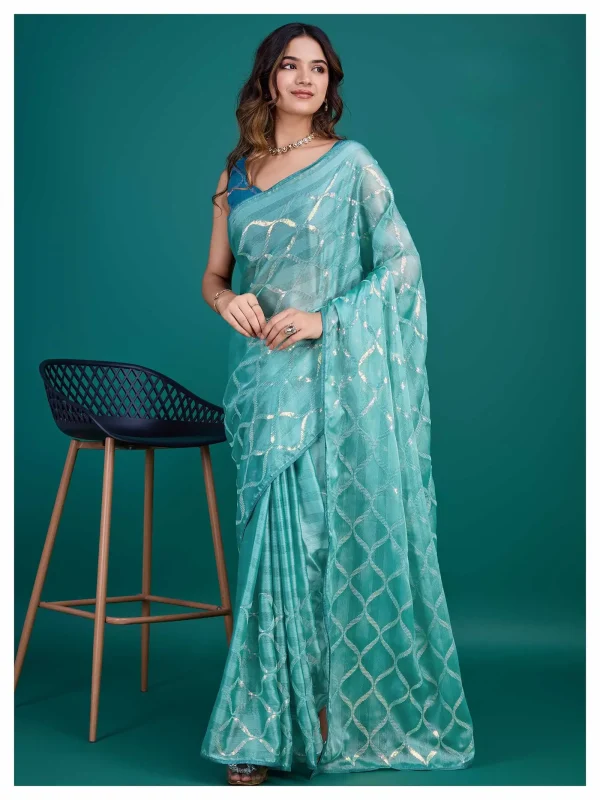 Blue color zari fabric embroidered saree