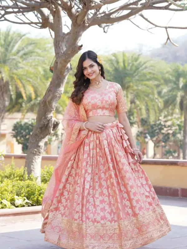 Peach color wedding wear lehenga choli