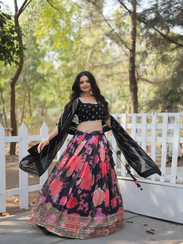 Black and pink lehenga choli with flower printed