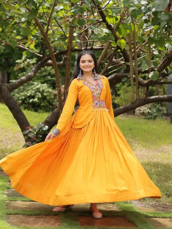 Yellow katchi worked festive gown for navratri special