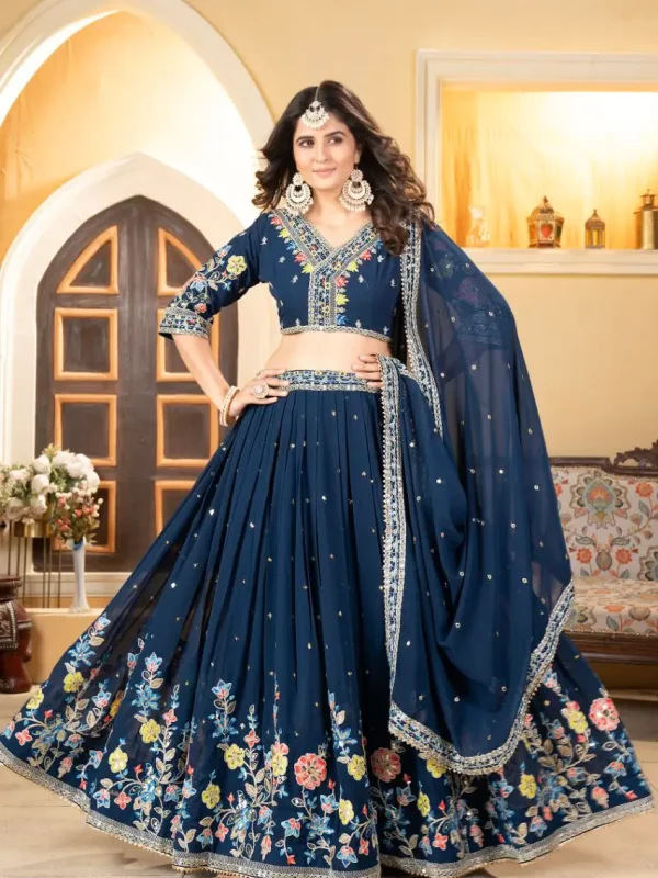 Blue color wedding Georgette lehenga choli with embroidery