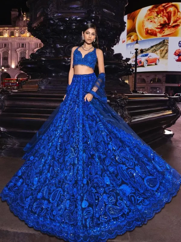 Blue color wedding wear lehenga choli with embroidery sequence