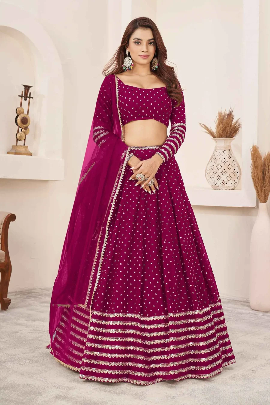 Hot Pink color georgette Zari sequence lehenga choli