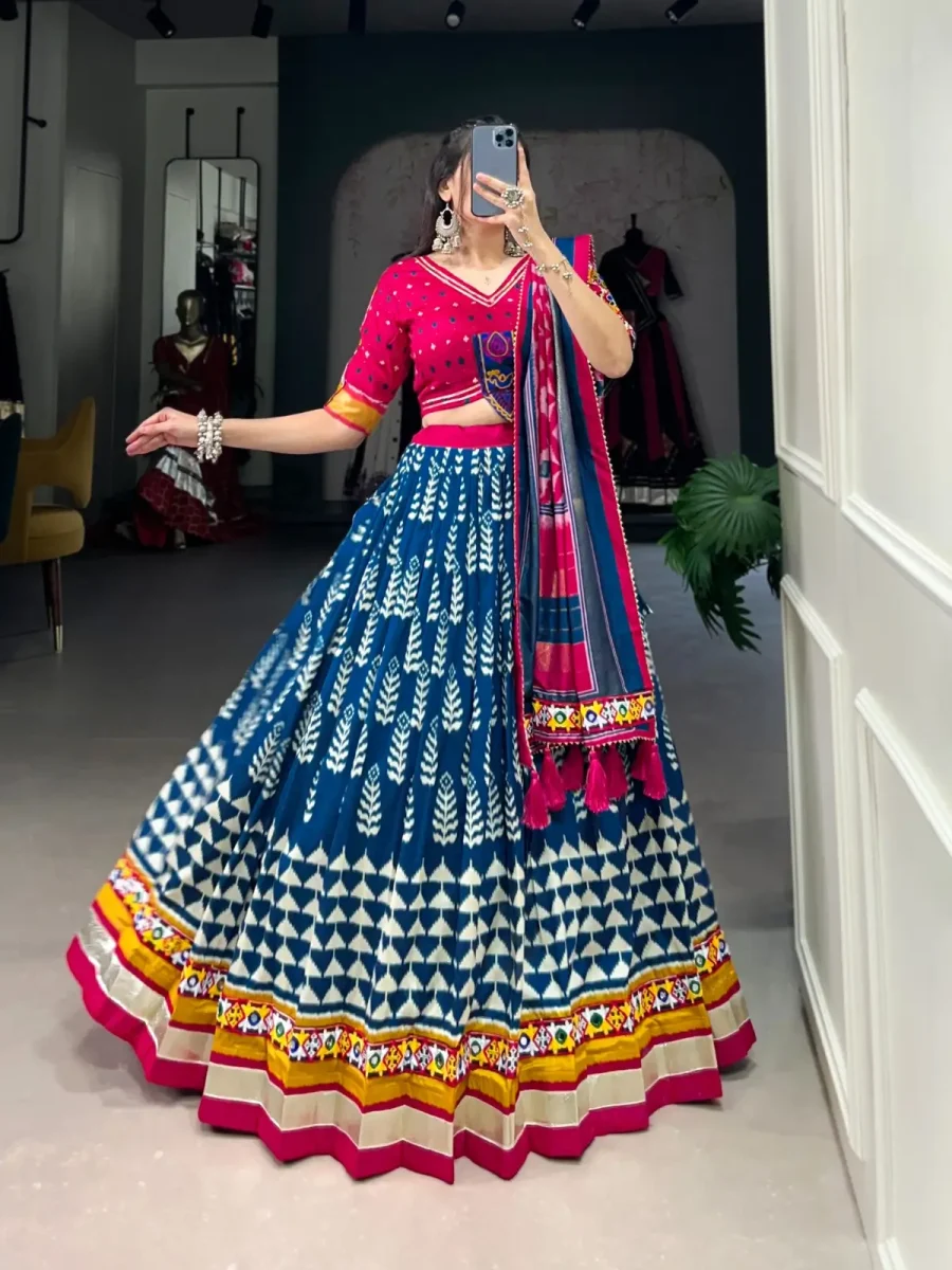 Marine Blue Printed With Foil Work Navratri Silk Lehenga choli