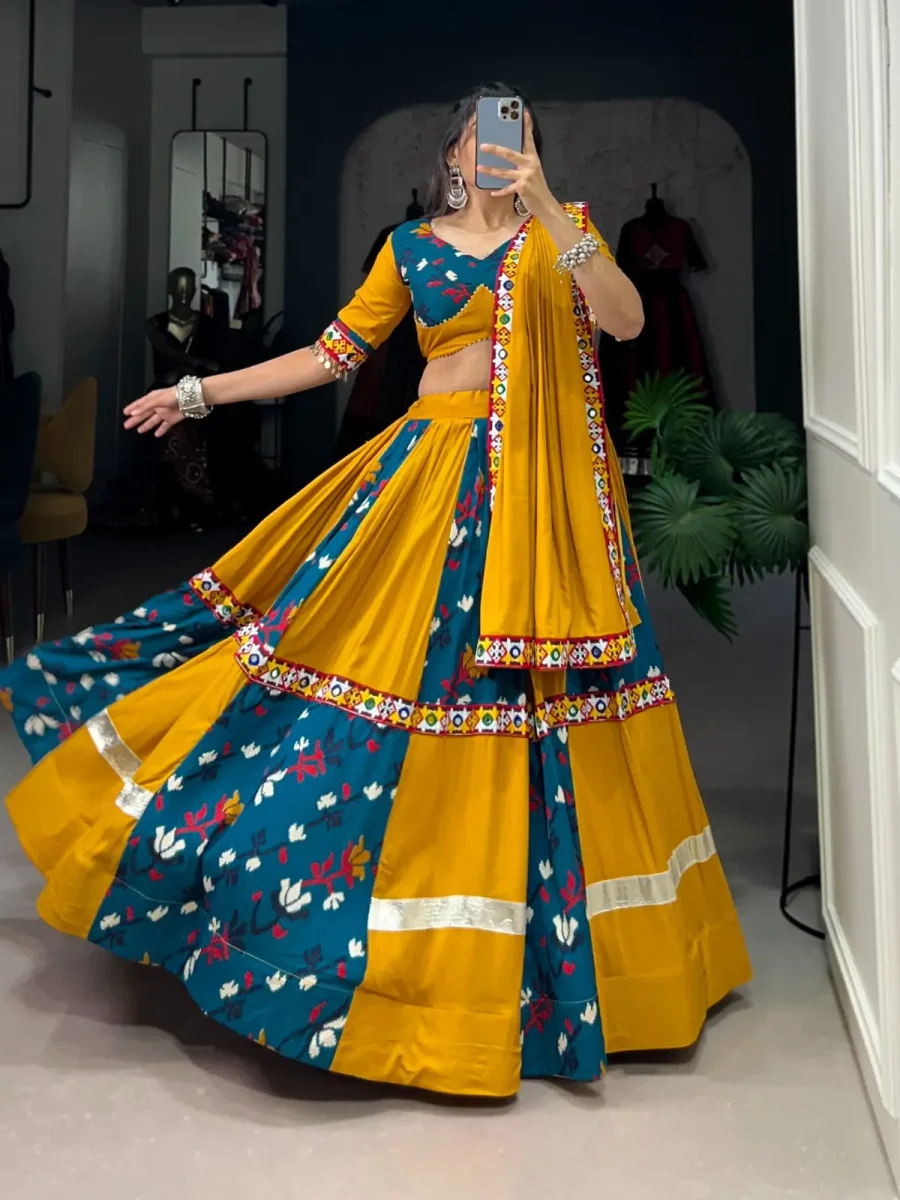 Blue Stone color Lehenga choli with Printed  Embordered Design & Gamthi Mirror work