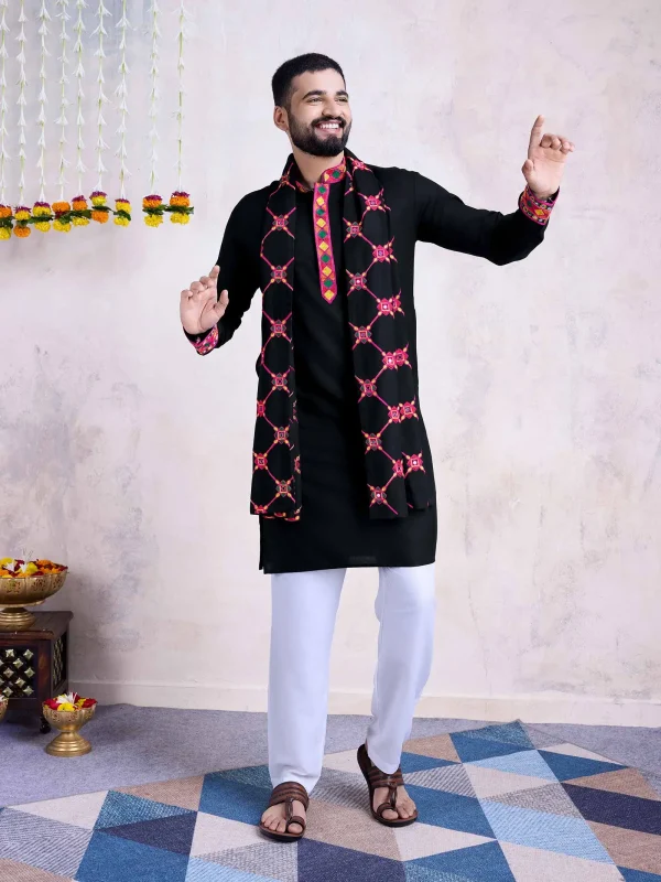 Black color festive embroidered men's wear kurta set