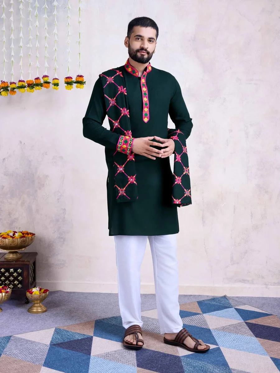 Timber Green color Embroidery with Real mirror work Men’s Kurta