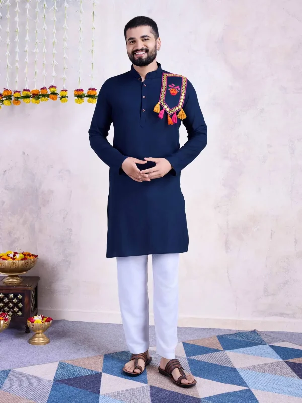 blue color festive wear men's kurta with Embroidery work