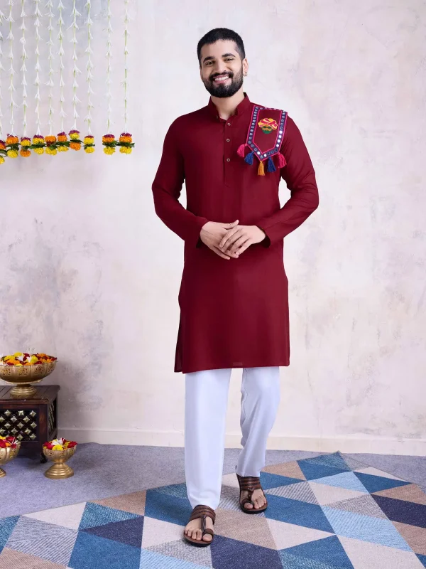 Maroon color embroidery & mirror work kurta set