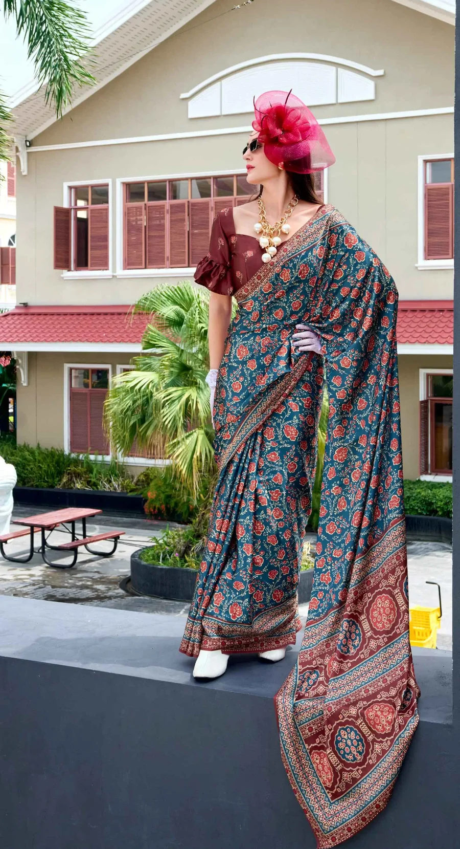 Sherpa Blue color satin Bahru Style Digital Printed saree