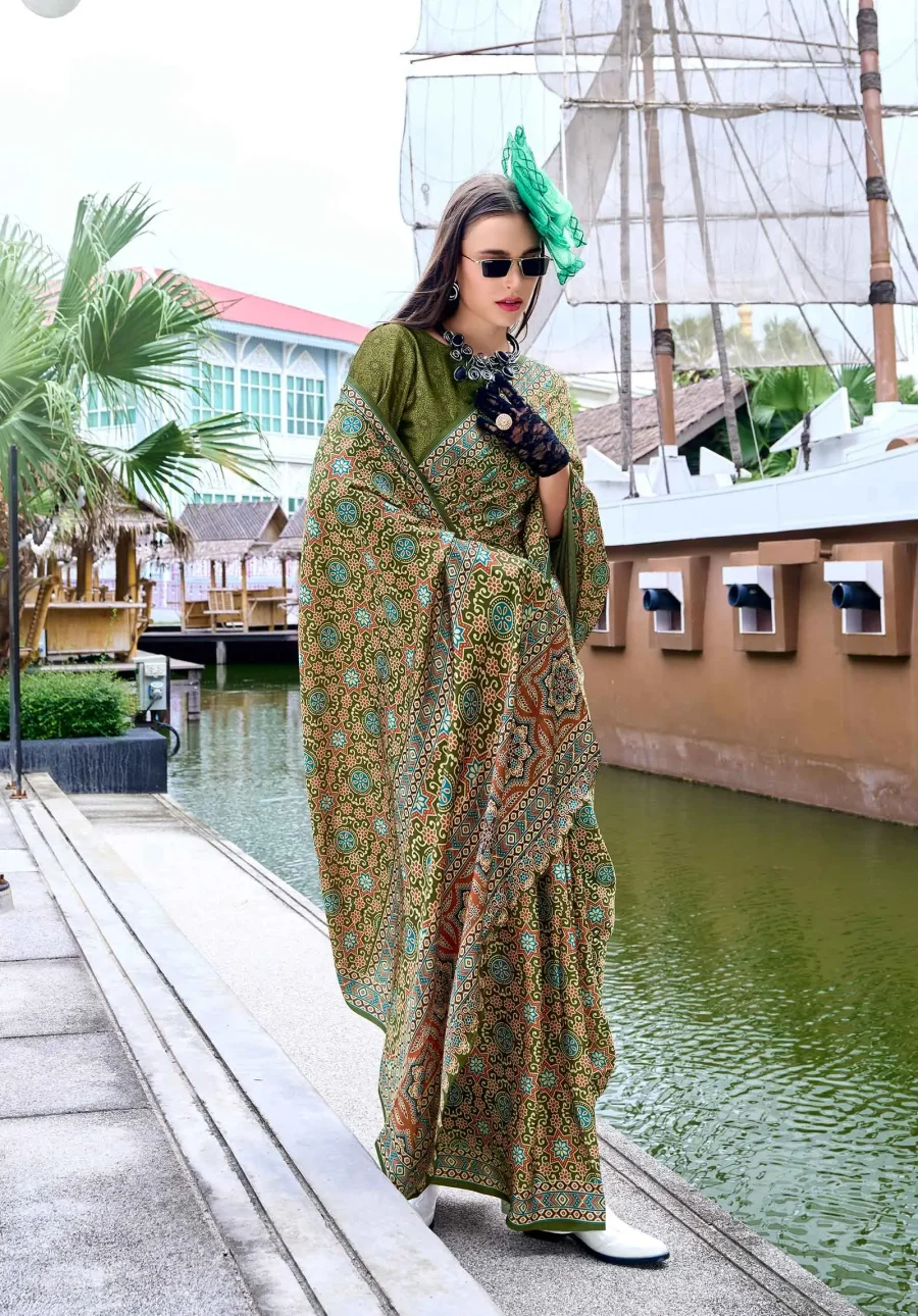 Stylish Muddy Green Satin Crape Digital Printed saree