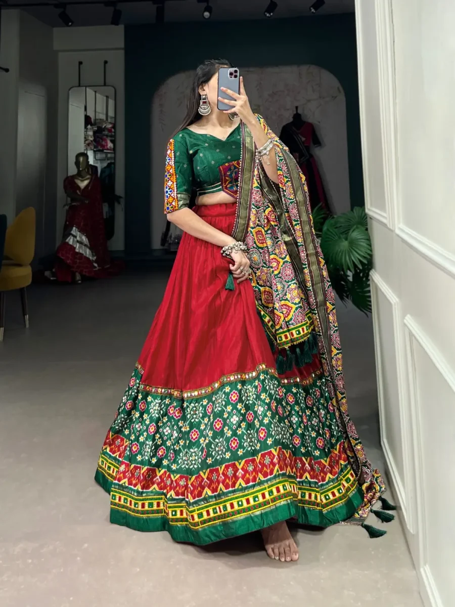 Shiraz Red Printed Gamthi Lace Silk Lehenga choli for Navratri