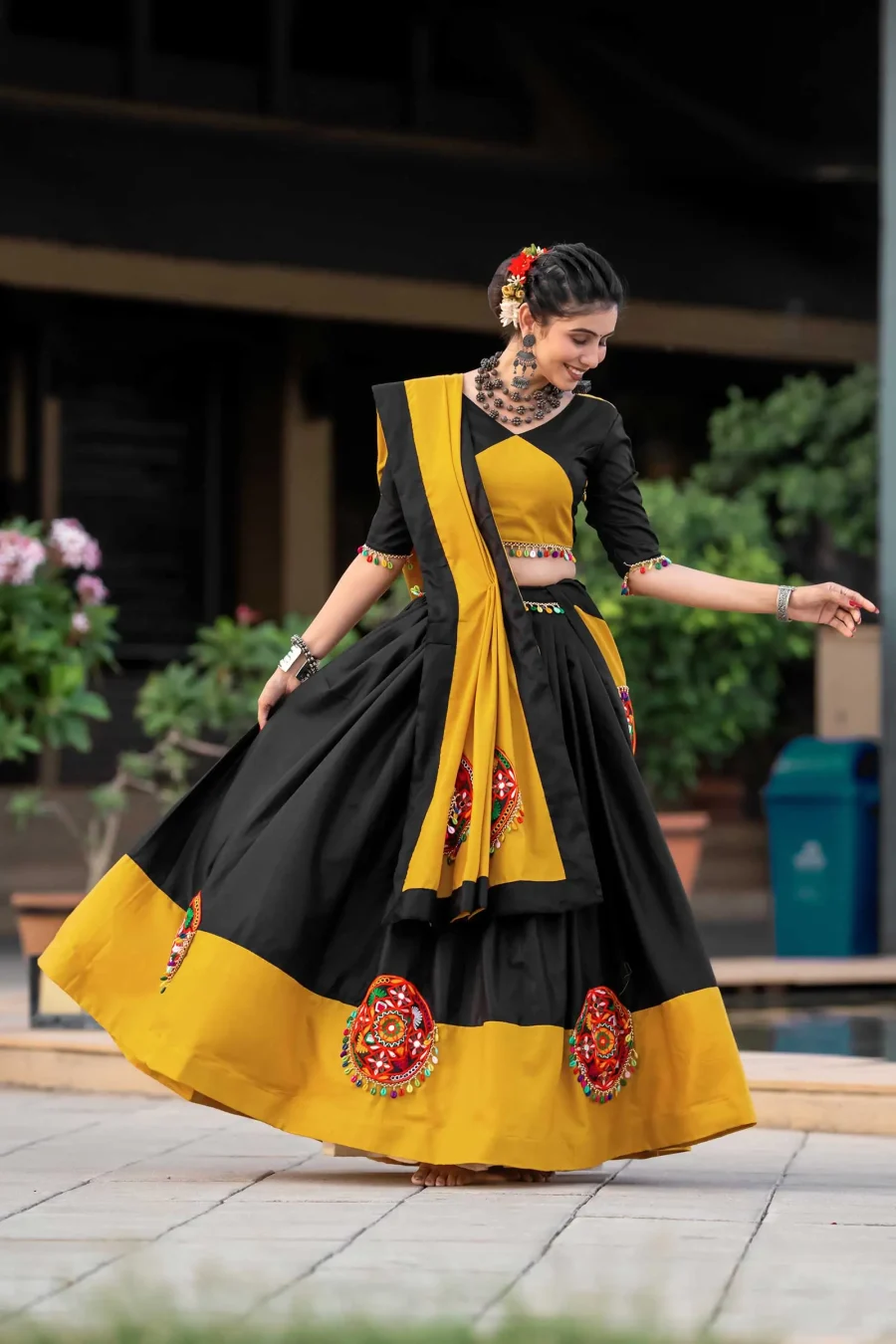 Golden Yellow Navratri Lehenga Choli With Gamthi, Kodi & Mirror Work