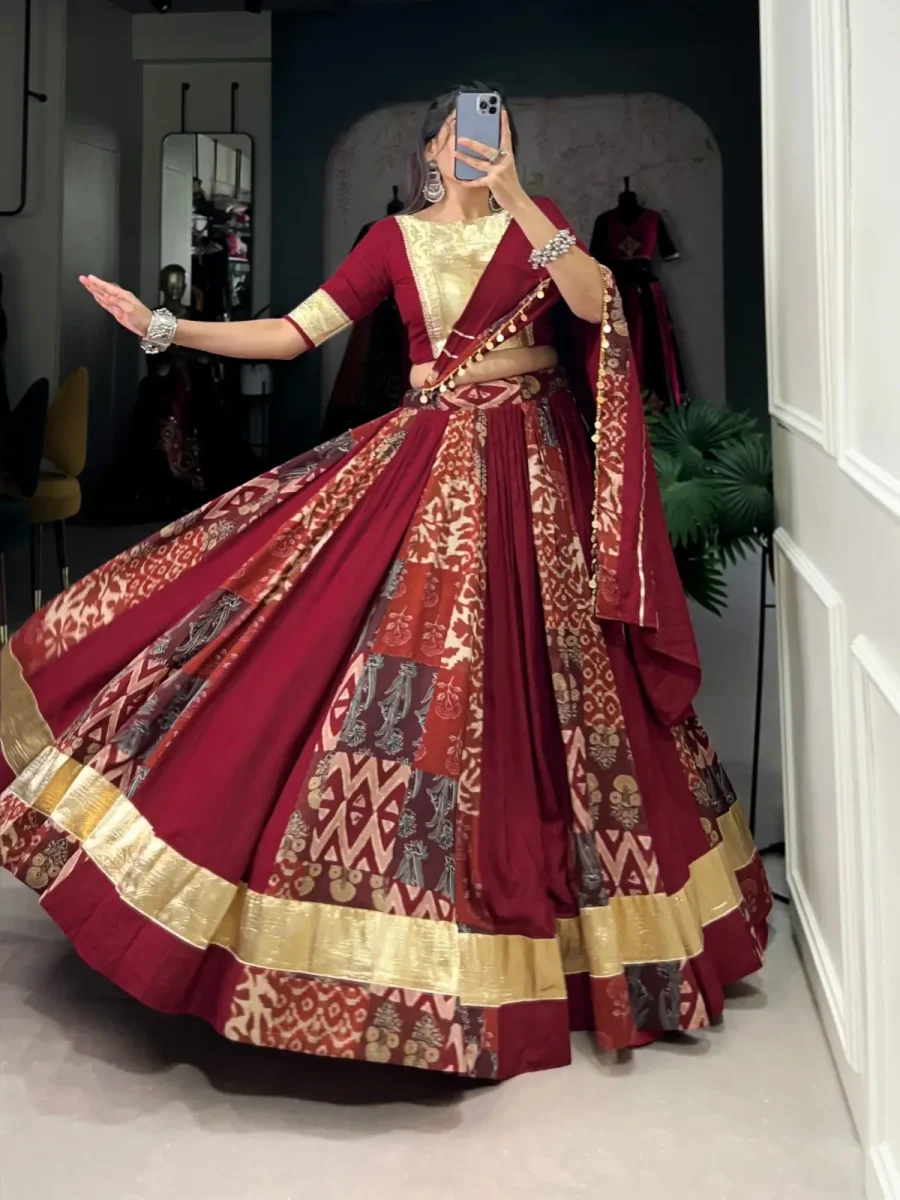 Maroon Oak Color Lehenga with Printed & Embossed Design Gota Lace Navratri Choli