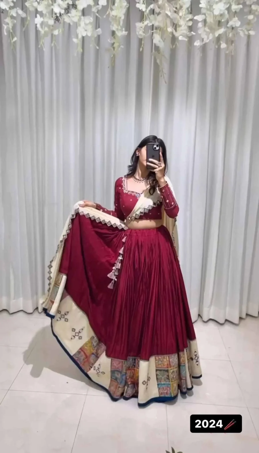 Dark Maroon Printed and mirror worked lehenga choli