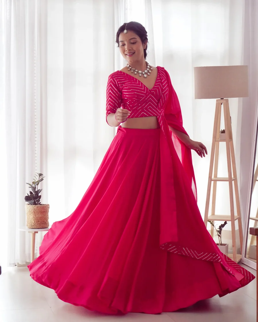 Rich Pink Sequence lehenga choli with Georgette lace border Dupatta