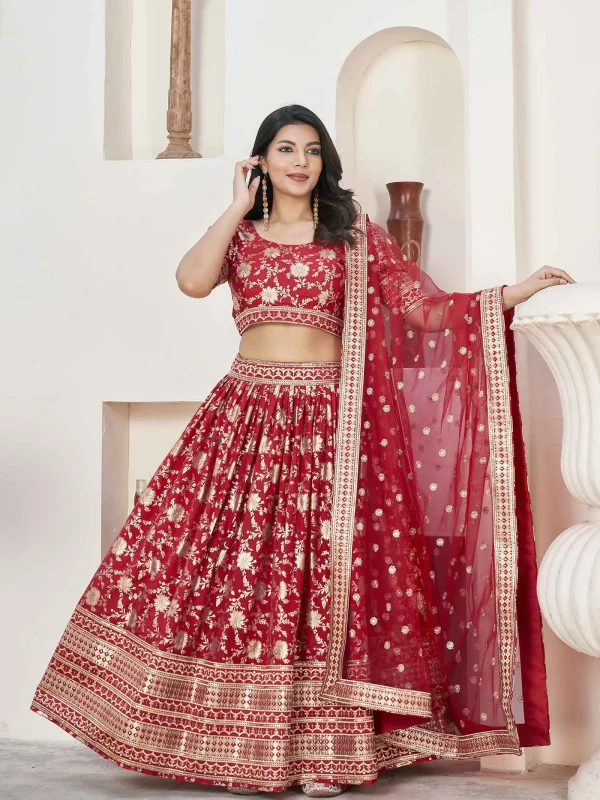 red jacquard lehenga choli